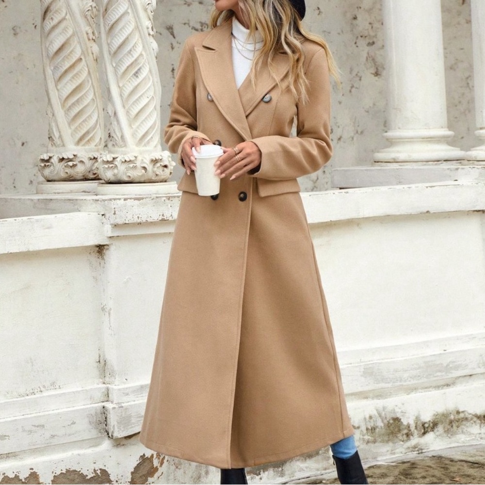 Khaki Casual Womens Lapel Neck Double Breasted Overcoat